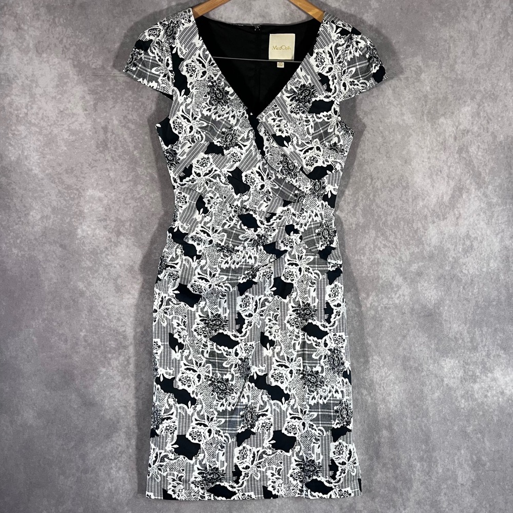 ModCloth Sheath Dress Women XS Black White Floral Grid Retro Cap Sleeve V-Neck